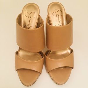 Tan open toe two strap heels size 8(M)